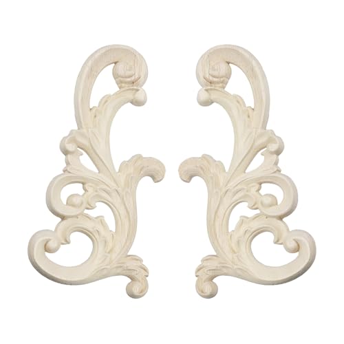 2Pcs Unpainted Wood Carved Onlay Appliques, 7.9"x3.9" Wooden Decor Funiture Decal Corner Sticker for Furniture Door Cabinet