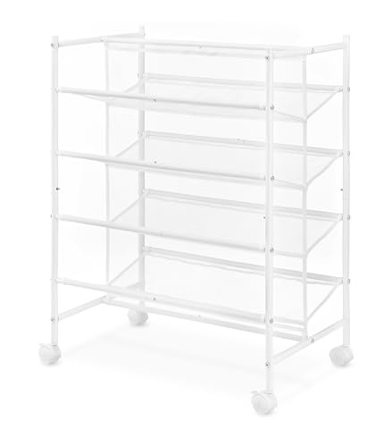4-Tier Rolling Shoe Cart - Mesh & Metal - Holds up to 24 pairs of Shoes - Double Sided - White