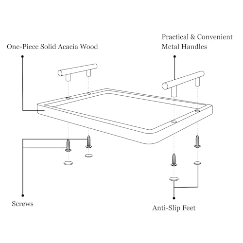 Acacia Wood Serving Tray – 17" x 13" Ottoman Tray with Metal Handles for Coffee Table, Breakfast, Snacks, Tea, Food – Decorative