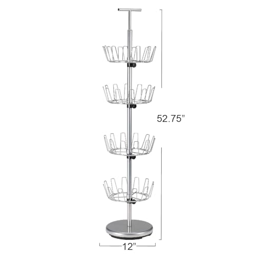 4-Tier Revolving Shoe Tree, Heavy-Duty Steel with Stabilized Base, Holds 24 Pairs of Shoes, Great for Most Styles, Chromelike