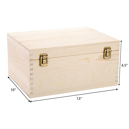 Extral Large Unfinished Wooden Box, 13 x 10 x 6.5 inch Natural Unfinished Pine Wood Box with Hinged Lid and Front Clasp for DIY