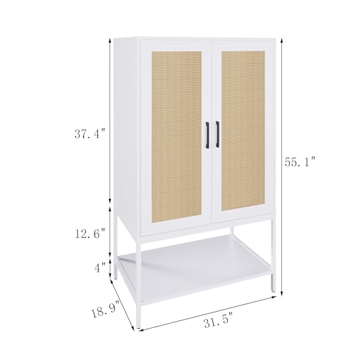 Wardrobe Closet,Rattan Bedroom Armoires with 2 Doors,Wooden Wardrobe Cabinet with Shelves and Hanging Rod for Clothes,White