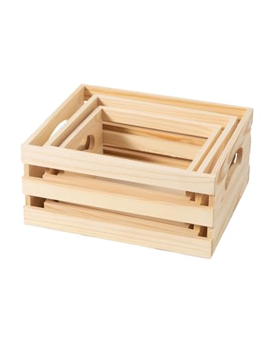 Set of 3 Rustic Wooden Nesting Crates with Handles, Decorative Wood Crates, Crate Box Wooden Storage Box for Kitchen, Office,