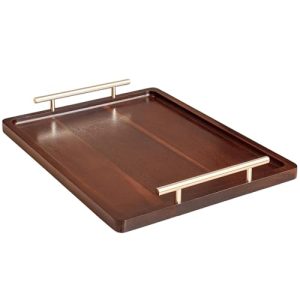 Acacia Wood Serving Tray – 17" x 13" Ottoman Tray with Metal Handles for Coffee Table, Breakfast, Snacks, Tea, Food – Decorative