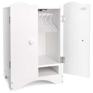 Wooden Baby Doll Closet, Wooden Furniture Armoire Dolls Wardrobe for Baby Doll Clothes Storage, Fit 12-16 Inch Doll Clothes,