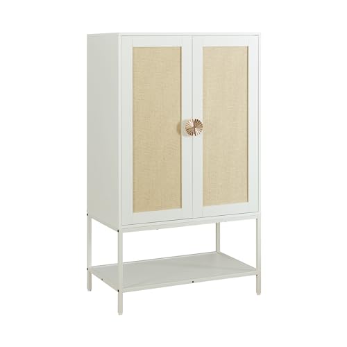 Natural Rattan Wardrobe Closet，Elegant Handle Bedroom Armoire with Aluminum Hanging Rod,Wooden Freestanding Wardrobe Armoires