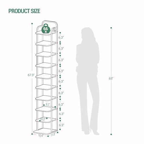 10 Tiers Vertical Shoe Rack, Narrow Shoe Tower, Tall Shoes Shelf with 2 Hooks, Adjustable Shelves, Corner Shoes Shelves for