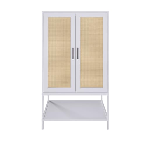 Wardrobe Closet,Rattan Bedroom Armoires with 2 Doors,Wooden Wardrobe Cabinet with Shelves and Hanging Rod for Clothes,White