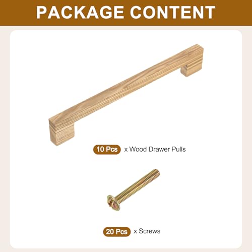 10Pcs Wood Drawer Pulls, 8 Inch Hole Center Square Wooden Drawer Pulls Cabinet Handles with Screws for Kitchen Dresser Wardrobes
