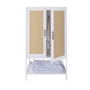 Wardrobe Closet,Rattan Bedroom Armoires with 2 Doors,Wooden Wardrobe Cabinet with Shelves and Hanging Rod for Clothes,White