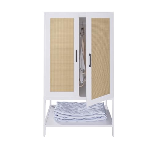 Wardrobe Closet,Rattan Bedroom Armoires with 2 Doors,Wooden Wardrobe Cabinet with Shelves and Hanging Rod for Clothes,White