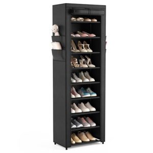 Shoe Rack with Cover Narrow Shoe Organizer with 4 Side Pockets 10 Tier Tall Shoe Storage Holds 18-22 Pairs Shoes and Boots Shoe
