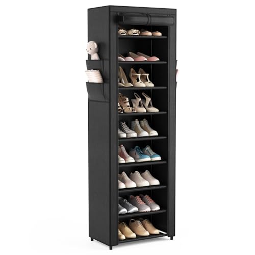 Shoe Rack with Cover Narrow Shoe Organizer with 4 Side Pockets 10 Tier Tall Shoe Storage Holds 18-22 Pairs Shoes and Boots Shoe