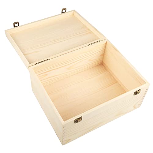Extral Large Unfinished Wooden Box, 13 x 10 x 6.5 inch Natural Unfinished Pine Wood Box with Hinged Lid and Front Clasp for DIY