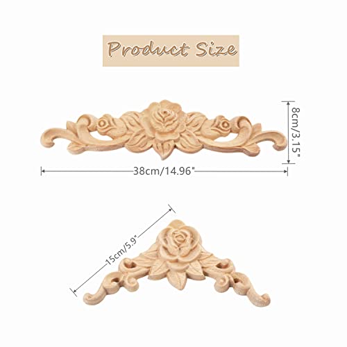 Wood Rose Appliques Onlays Set, 5-Pack Unpainted Decorative Carved Decals for Bed Door Cabinet Wardrobe Mantel Ceiling Wall