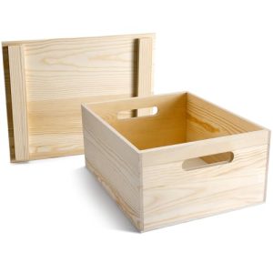 Wooden Storage Box 15 x 12 x 7 Inches Pine Wood Decorative Crate Box with Hand Holes and Lid Plain Unpainted Wooden Storage Bins