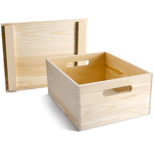 Wooden Storage Box 15 x 12 x 7 Inches Pine Wood Decorative Crate Box with Hand Holes and Lid Plain Unpainted Wooden Storage Bins