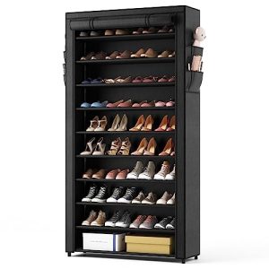 10 Tier Shoe Rack with Covers,Large Capacity Stackable Tall Shoe Shelf Storage to 50-55 Pairs Shoes and Boots Sturdy Metal Free