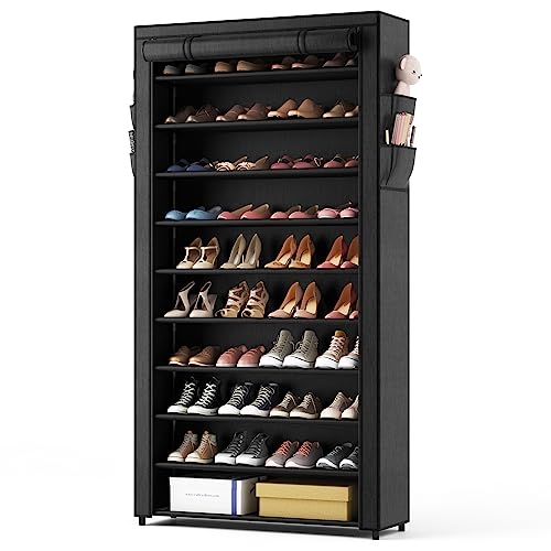 10 Tier Shoe Rack with Covers,Large Capacity Stackable Tall Shoe Shelf Storage to 50-55 Pairs Shoes and Boots Sturdy Metal Free