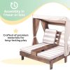 Wooden Outdoor Double Chaise Lounge with Cup Holders, Patio Furniture for Kids or Pets, Espresso with Oatmeal and White Striped