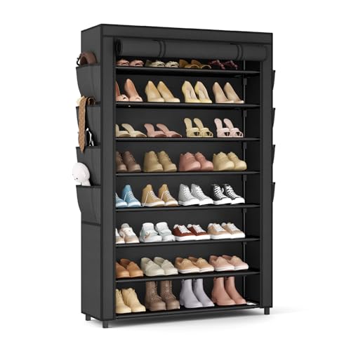 Shoe Rack with Cover, 8 Tier Tall Shoe Organizer Storage for 36-45 Pair Shoes and Boots Large Shoe Storage Shelf Free Standing
