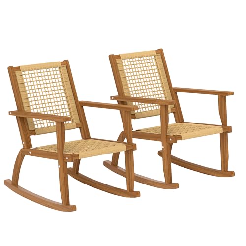 Outdoor Rocking Chair Set of 2, Acacia Wood Outdoor Rockers with Armrests, Rattan Wicker Back and Seat, Patio Wooden Rocking