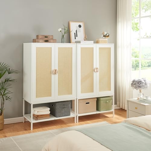 Natural Rattan Wardrobe Closet，Elegant Handle Bedroom Armoire with Aluminum Hanging Rod,Wooden Freestanding Wardrobe Armoires