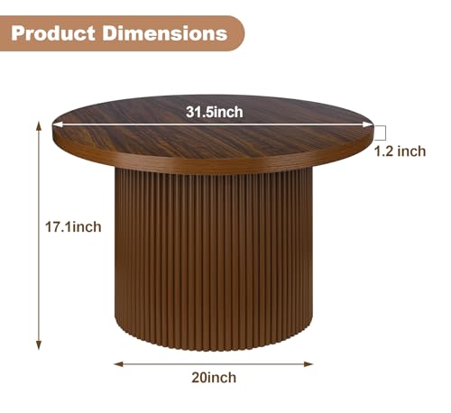 Round 31.5“ Unique Fluted Coffee Table,Small Brown Wood Tea Table,Mid Century Modern Boho Circle Rustic Center Table for Living