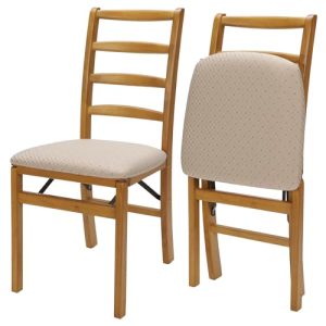 Stakmore Shaker Ladderback Wooden Folding Chairs with Padded Seats, Set of 2 - No Assembly Foldable Dining Chairs, Steel Folding