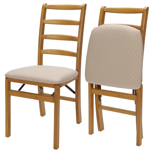 Stakmore Shaker Ladderback Wooden Folding Chairs with Padded Seats, Set of 2 - No Assembly Foldable Dining Chairs, Steel Folding