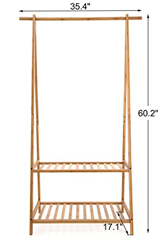 Bamboo Clothes Rack Portable Extra Large Garment Rack 2-Tire Storage Box Shelves For Entryway and Bed Room Patented Design