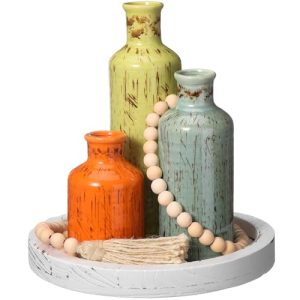 5 Pcs Rustic Country Tabletop Centerpieces Decor Set of 3 Boho Ceramic Vases with Wooden Serving Tray Wood Bead Garland Tassels