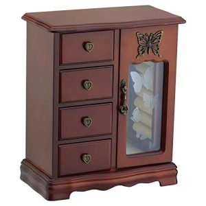 Solid Wooden Jewelry Box Makeup and Organizer Women Ring Storage with 4-Drawers Built-in Necklace Carousel and Mirror Brown