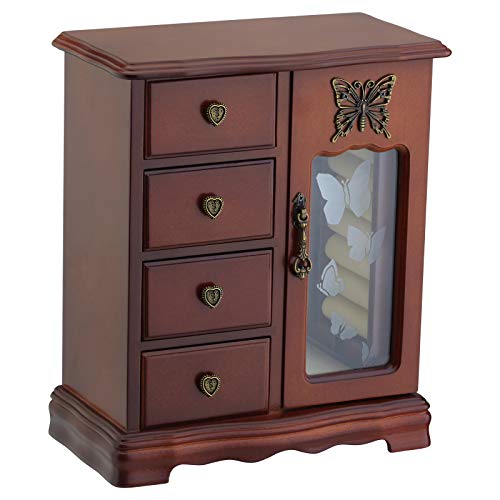 Solid Wooden Jewelry Box Makeup and Organizer Women Ring Storage with 4-Drawers Built-in Necklace Carousel and Mirror Brown
