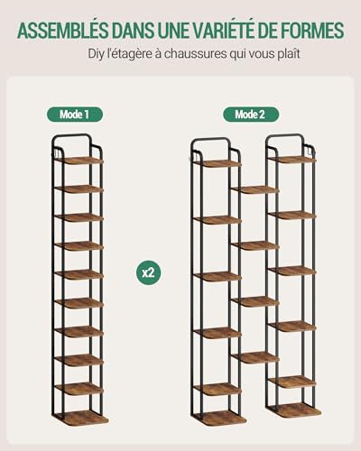 10 Tiers Vertical Shoe Rack, Narrow Shoe Tower, Tall Shoes Shelf with 2 Hooks, Adjustable Shelves, Corner Shoes Shelves for
