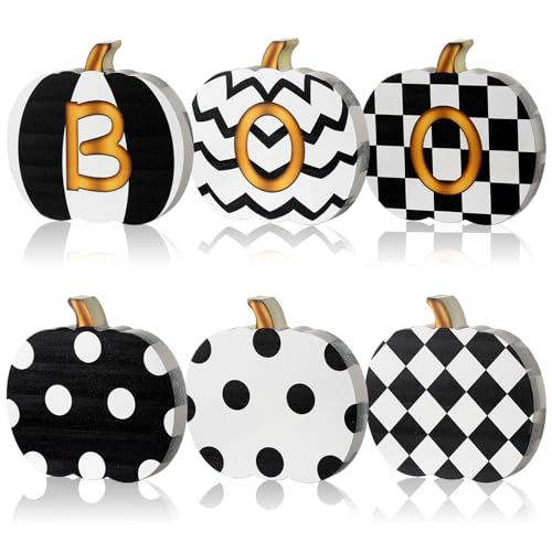3 Pcs Wood Halloween Pumpkin Decorations Indoor Black and White Boo Pumpkins Wooden Table Signs Party Tiered Tray Decorations
