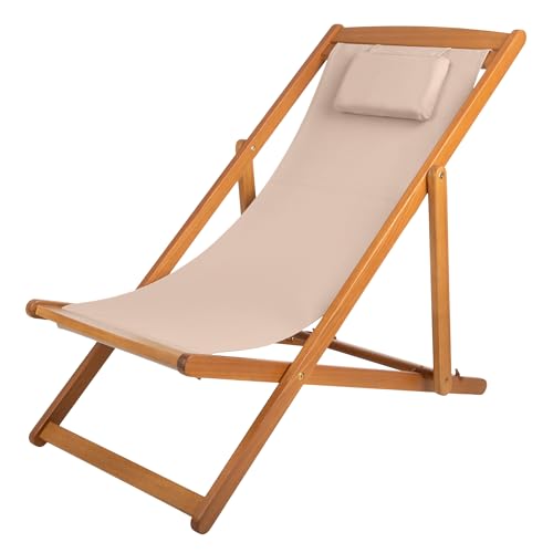 Beach Lounge Chair - Adjustable Height Reclining Sling Chair - Portable Wood Folding Chairs - Folding Lounge Chairs for Outside,