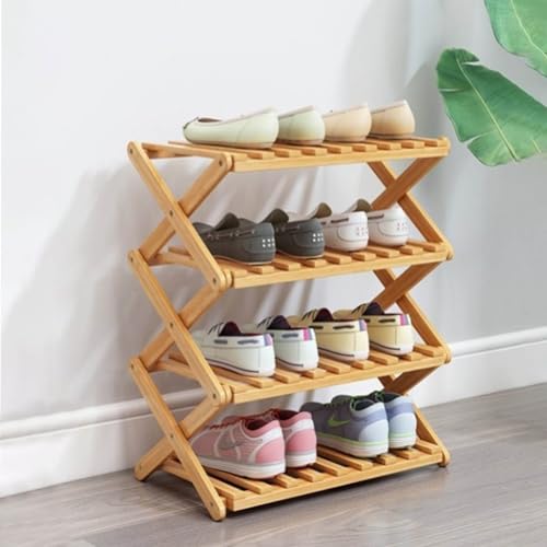 4 Tier Bamboo Shoe Rack,Portable Folding Shoe Storage Rack,Without Installation Small Shoe Rack Perfect for Corridors, Bedrooms