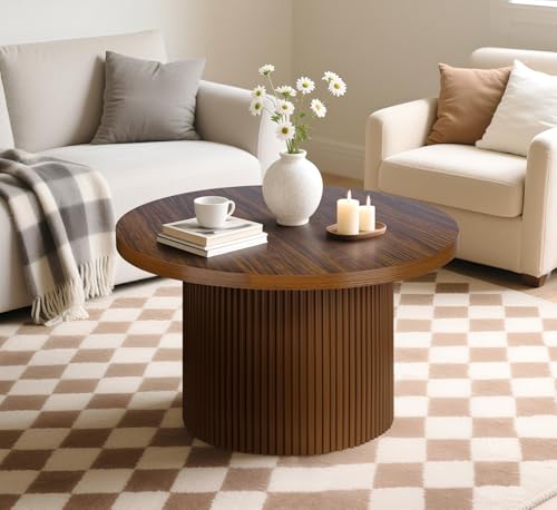 Round 31.5“ Unique Fluted Coffee Table,Small Brown Wood Tea Table,Mid Century Modern Boho Circle Rustic Center Table for Living
