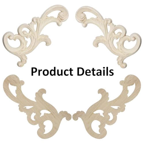 2Pcs Unpainted Wood Carved Onlay Appliques, 7.9"x3.9" Wooden Decor Funiture Decal Corner Sticker for Furniture Door Cabinet