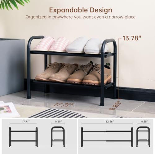 2-Tier Expandable Shoe Rack,Adjustable Shoe Shelf Storage Organizer Heavy Duty Metal Free Standing Shoe Rack for Entryway Closet