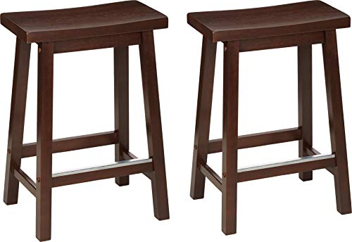 Solid Wood Saddle-Seat Kitchen Counter Barstool with Footrest, Easy Assembly - 24-Inch Height - Walnut - Set of 2