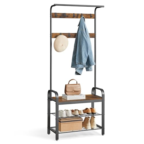 Coat Rack, Hall Tree with Shoe Bench for Entryway, Entryway Bench with Coat Rack, 4-in-1, with 9 Removable Hooks, a Hanging Rod,