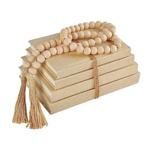 Linen Covered Decorative Books 4 Pieces, Neutral Home Decor Coffee Table Books with Wooden Beaded Tassel, Stacked Books for