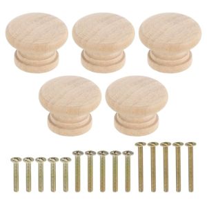 5Pcs Round Wood Drawer Knob, 1.3" x 0.98" Round Cabinet Knobs Mushroom Shape Wooden Knobs with Screws for Furniture Drawer