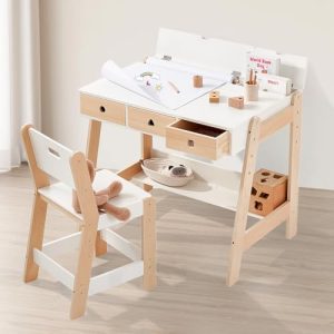 Kids Wooden Table and Chair Set, Study Desk and Chair Set with Storage Drawer, White Learning Table with Cabinets for Boys and