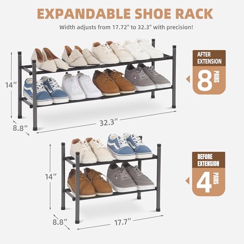 Expandable Shoe Rack, 8 Pairs Stackable Small Shoe Rack, Metal Adjustable Shoes Organizer for Closet, Entryway, Hallway, Garage,