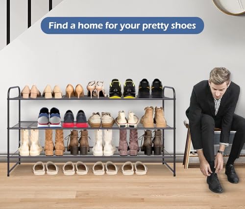 Long 3 Tier Shoe Rack for Closet Wide Shoe Storage Organizer Stackable Metal Shoe Shelf for 24 Pairs Men Sneakers with Wire Grid