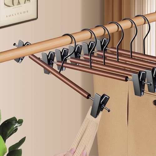 Wooden Pants Hangers with Clips 14Inch 20 Pack Adjustable Wood Skirt Hangers for Women&Men Space Saving Closet Non Slip Clothes