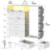 Dresser for Bedroom with Clothes Rack Side Pockets White 5 Drawers Dresser with Charging Station LED Lights Sturdy Steel Frame